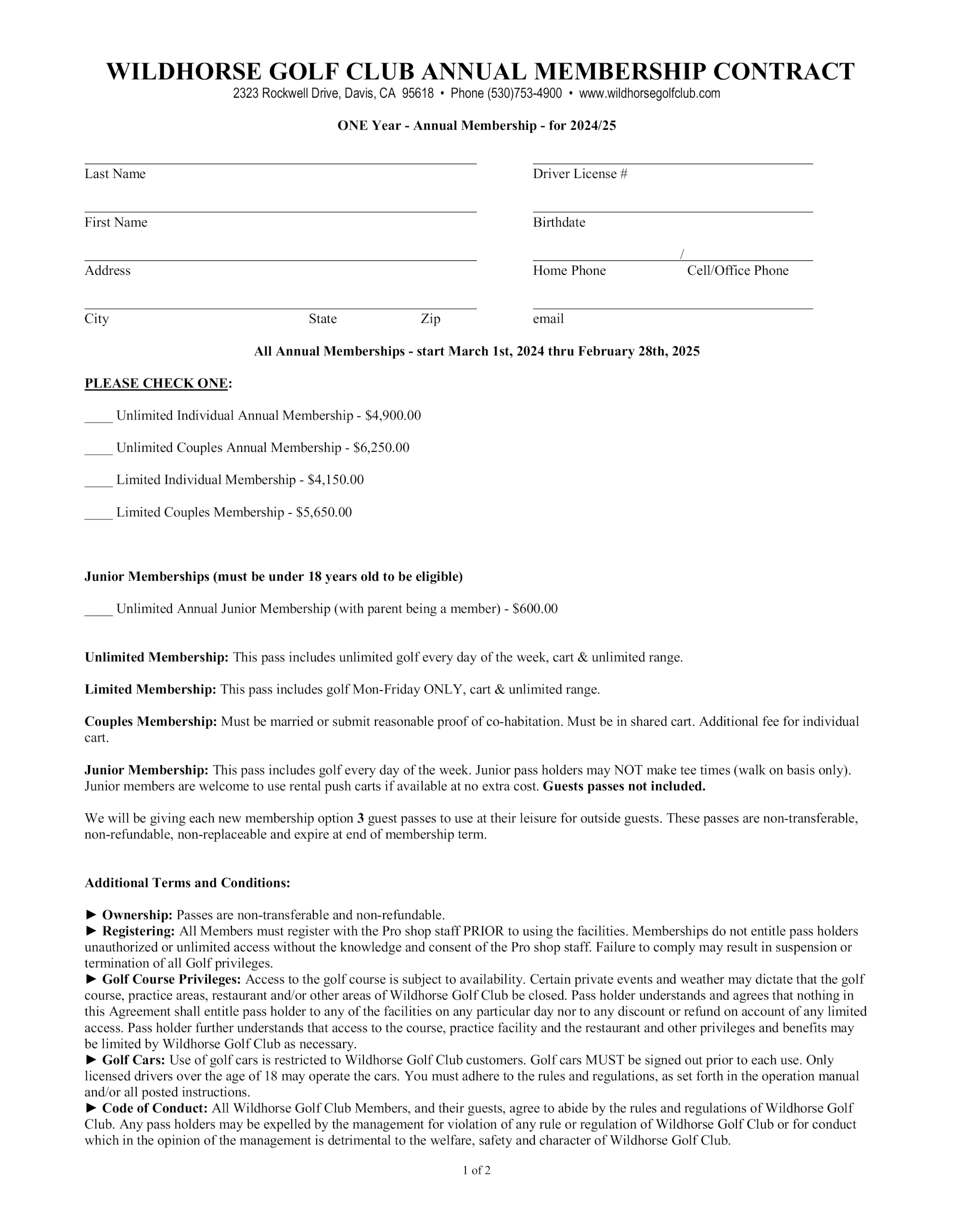 Wildhorse Golf Club | Annual Membership - (January 2024) Wildhorse Golf Club Annual Membership – (January 2024) WGC (2024-2025) Annual Pass Membership Contract (Page #1)