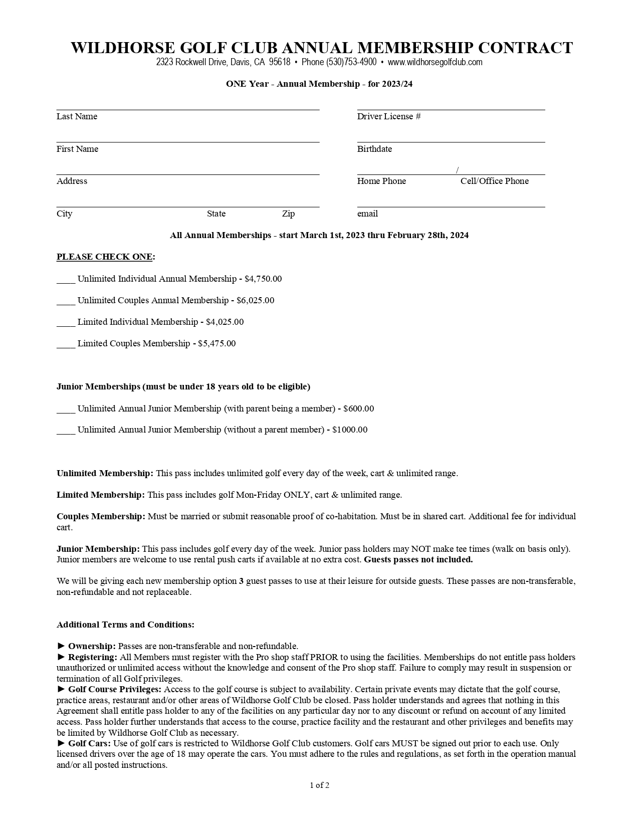Wildhorse Golf Club | Golf Memberships - (2023-24) Annual Membership Contract (Page #1)