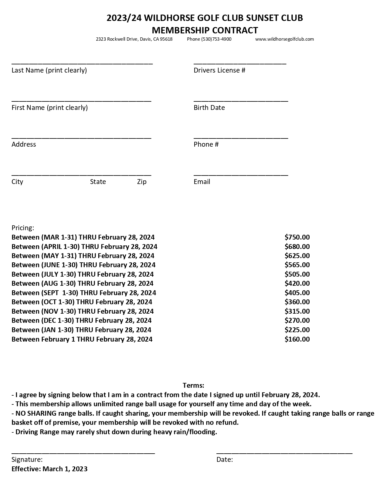Wildhorse Golf Club | Golf Memberships - (2023-24) Sunset Club Membership Contract (Page #1)